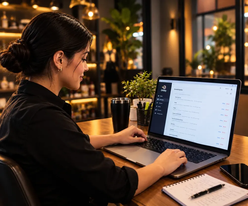 Dueña de restaurante revisando el inventario de su negocio en Ordefy desde el computador