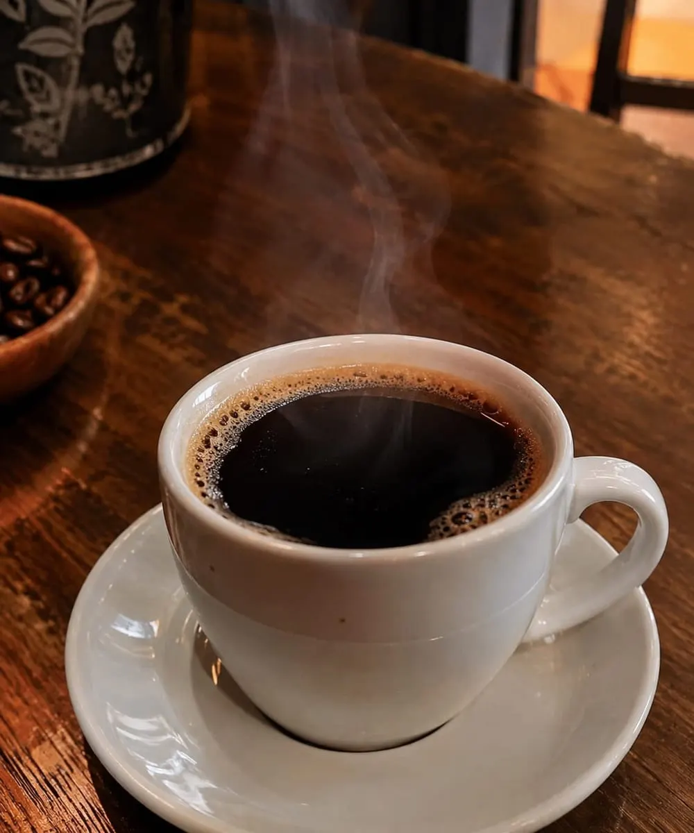Taza de café recién servida sobre la mesa de un restaurante