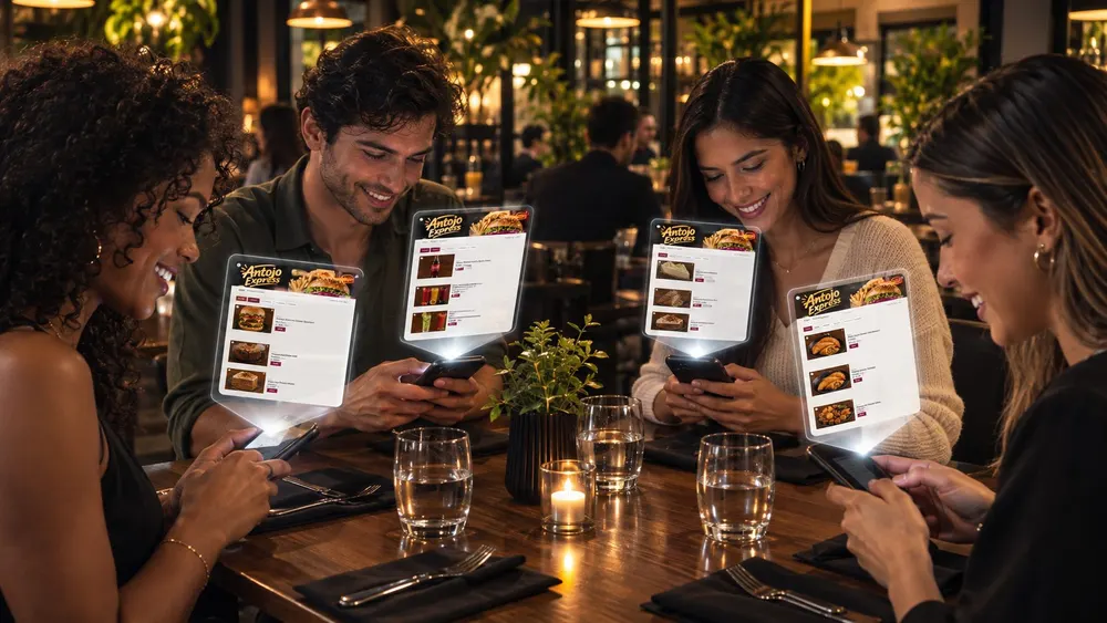 Amigos en un restaurante pidiendo desde su celular con la carta digital de Ordefy